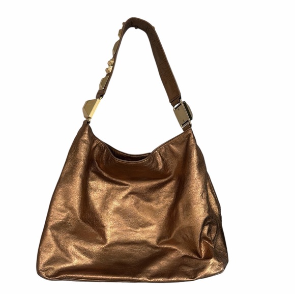Betsey Johnson Metallic Bronze Hobo Bag Chunky Gold Stud Handle Faux Leather - Picture 3 of 7